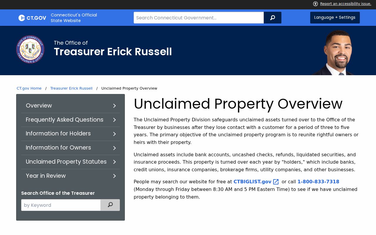 New Haven residents directory Connecticut CTBigList unclaimed property route