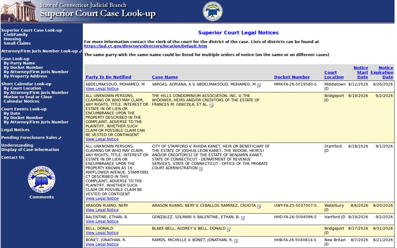 New Haven resident lookup Connecticut Judicial Branch legal notice result