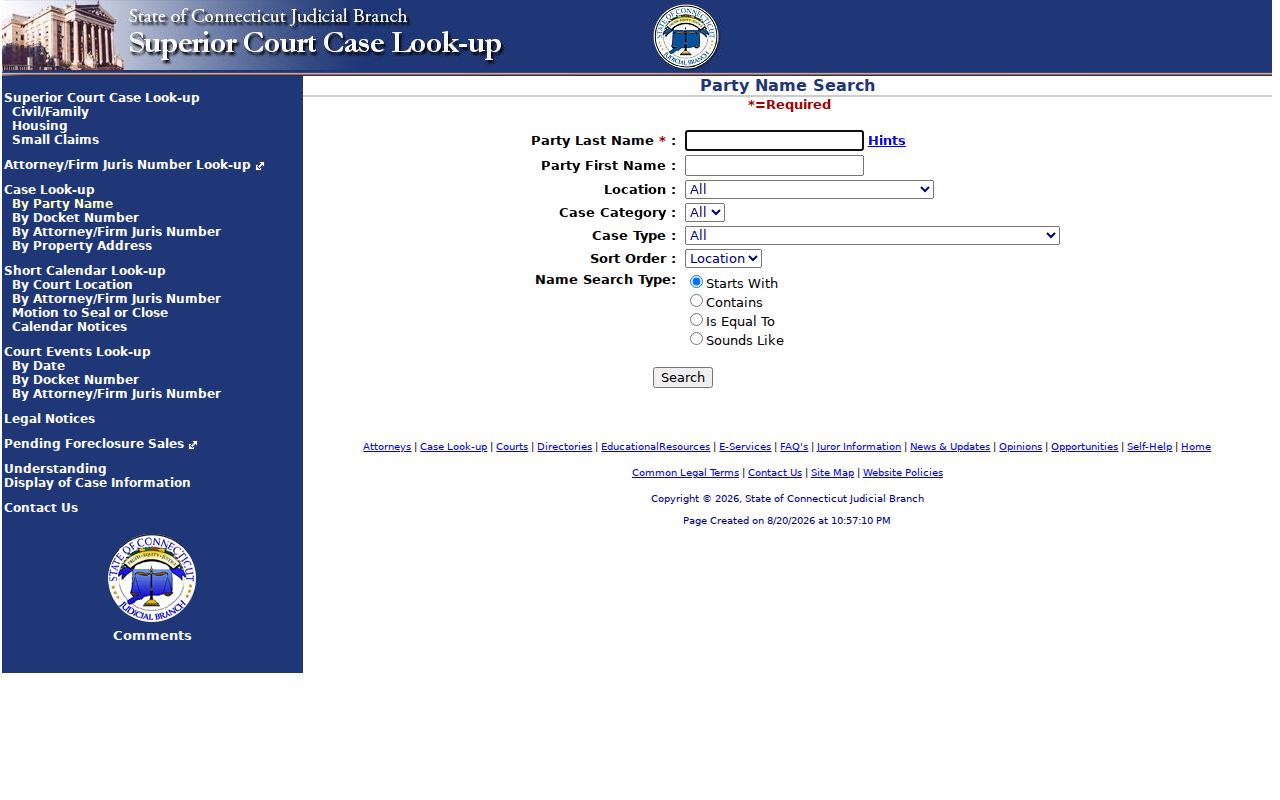 New Haven resident lookup Connecticut Judicial Branch party search fields