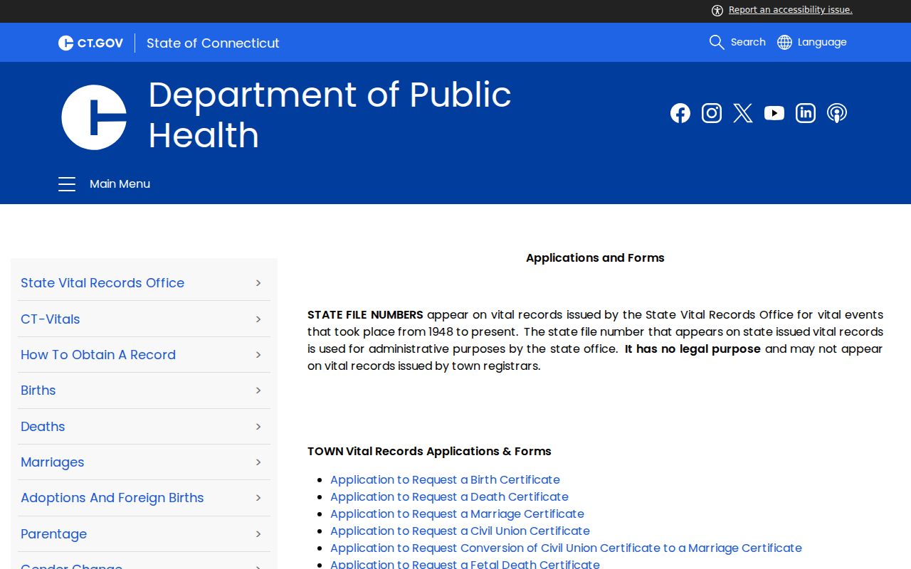 New Haven resident lookup Connecticut DPH vital record forms