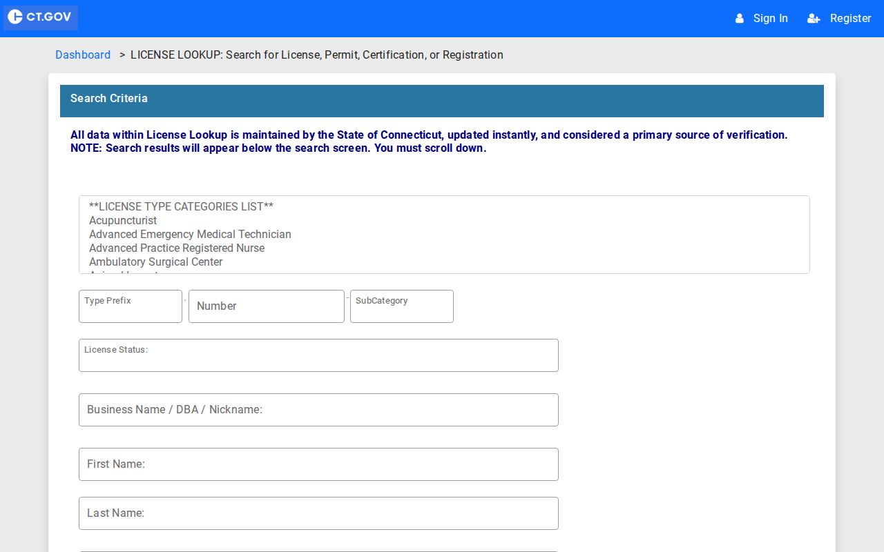 New Haven ZIP code directory Connecticut eLicense search with ZIP field